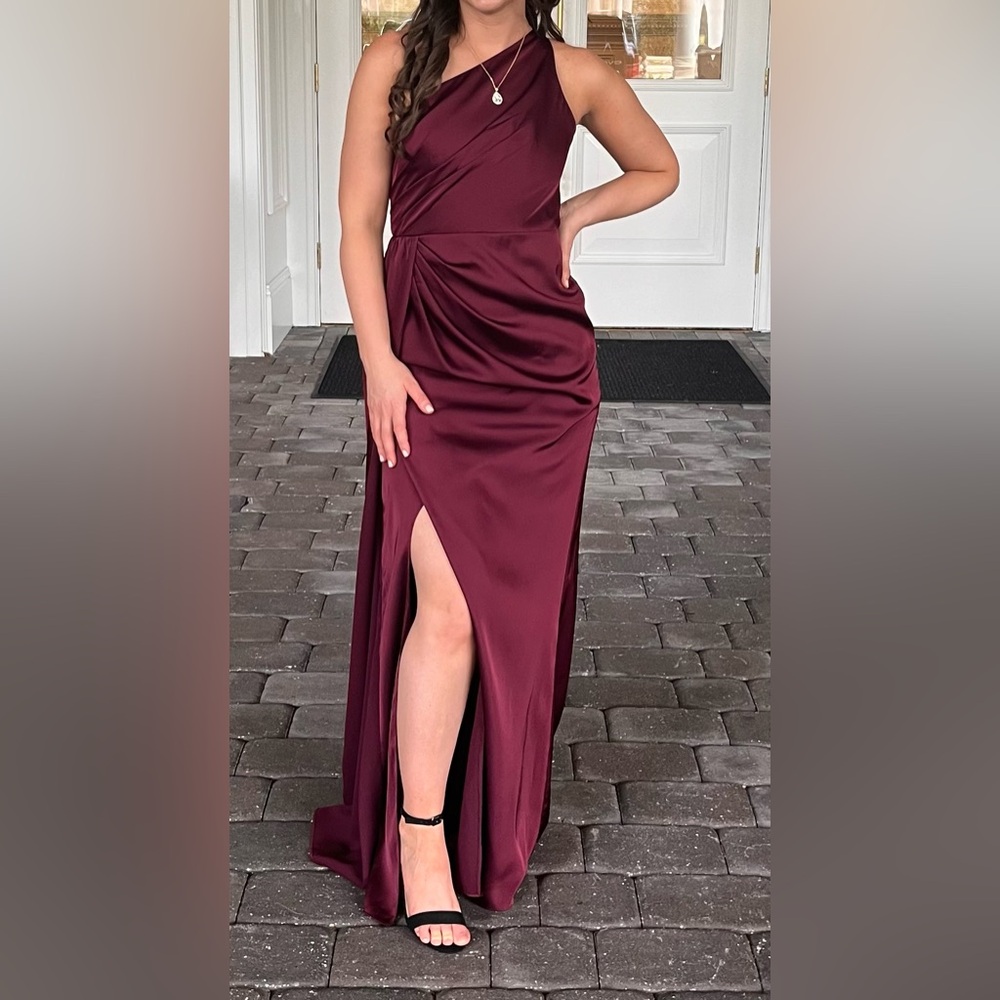 Azazie Mika Cabernet Bridesmaid Stretch Satin - One Shoulder Burgundy Dress